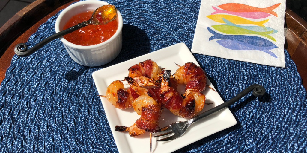 Glazed Bacon-Wrapped Shrimp with PJ Dip
