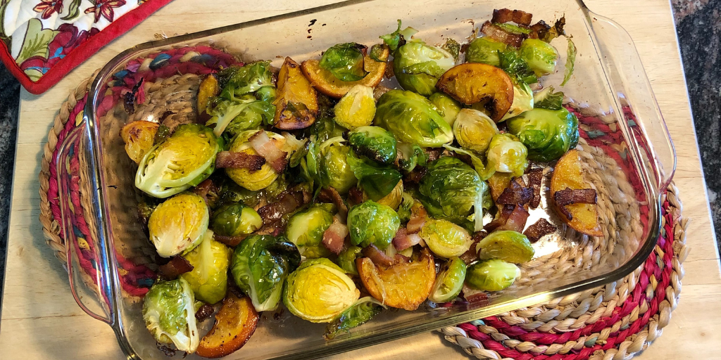 Glazed Brussels Sprouts With Pepper Jelly, Oranges and Bacon